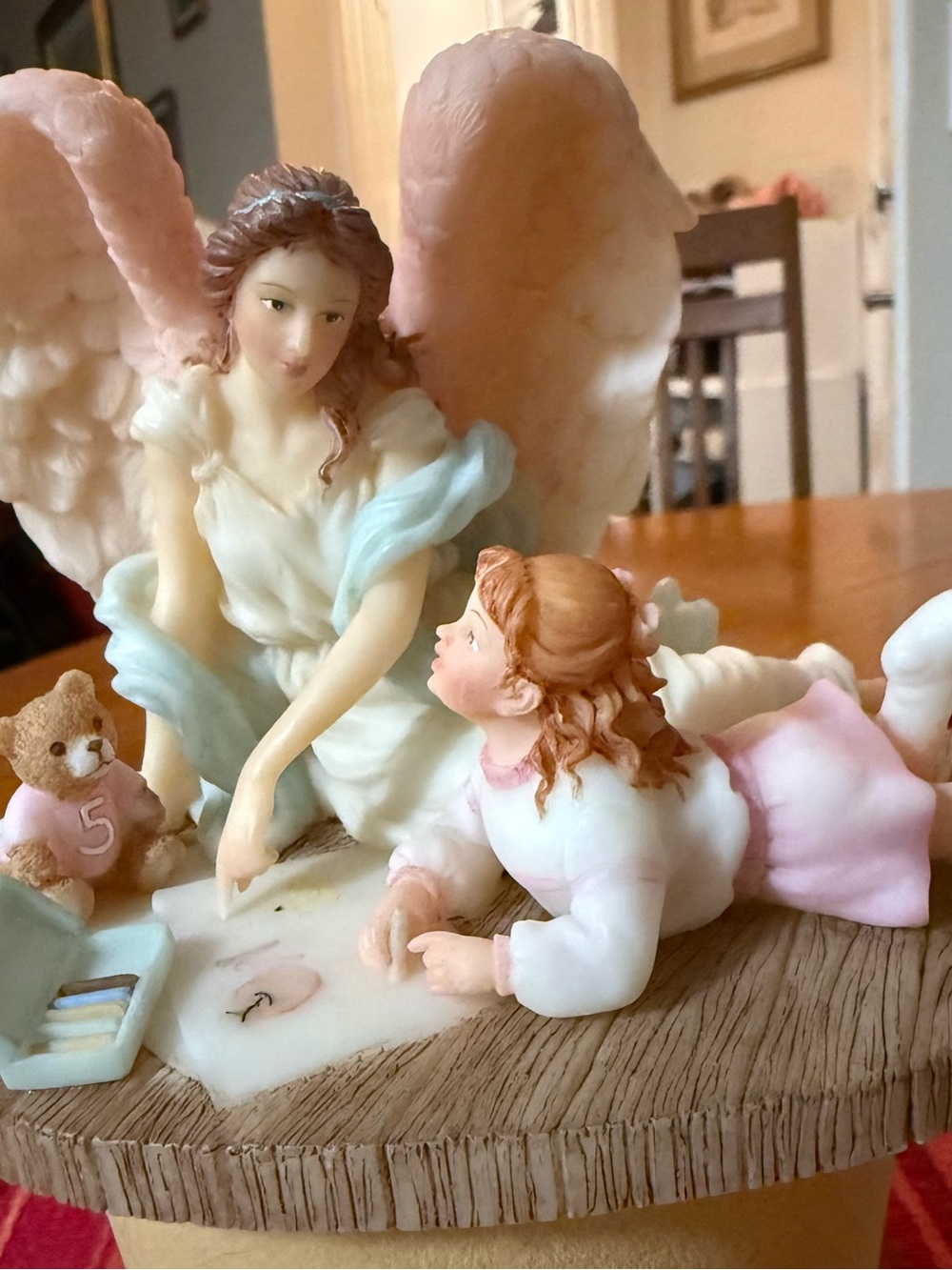 Angel Figurine with Child and Teddy - Pastel Pink & Cream. Seraphim Classics